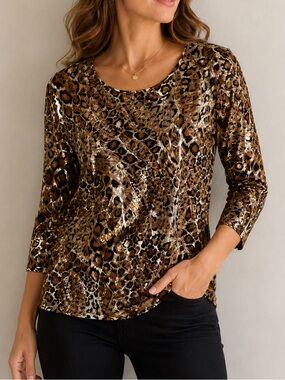 TanJay Vintage Leopard Print Sparkle Blouse Women’s Small Brown Animal Print Top